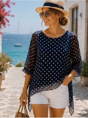 Made in Italy Navy Polka Dot Double Layer Sheer Blouse Size M